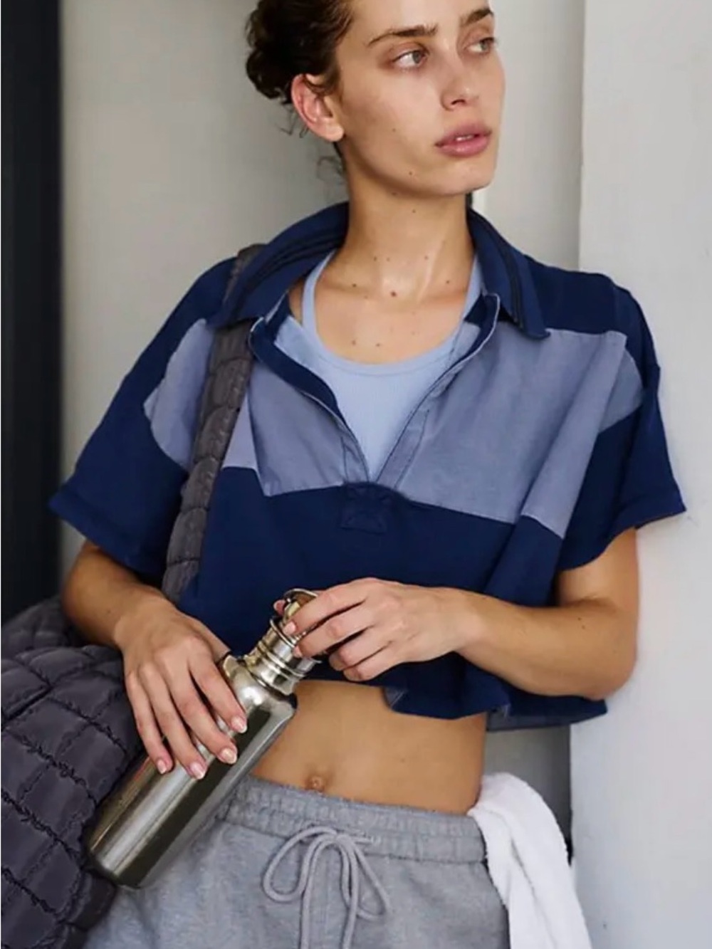 NWT Free People Movement Two-Tone Navy and Light Blue Cropped Polo Top
